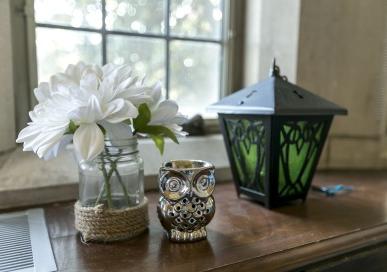 Dorm Decor including a lantern, owl, and flowers