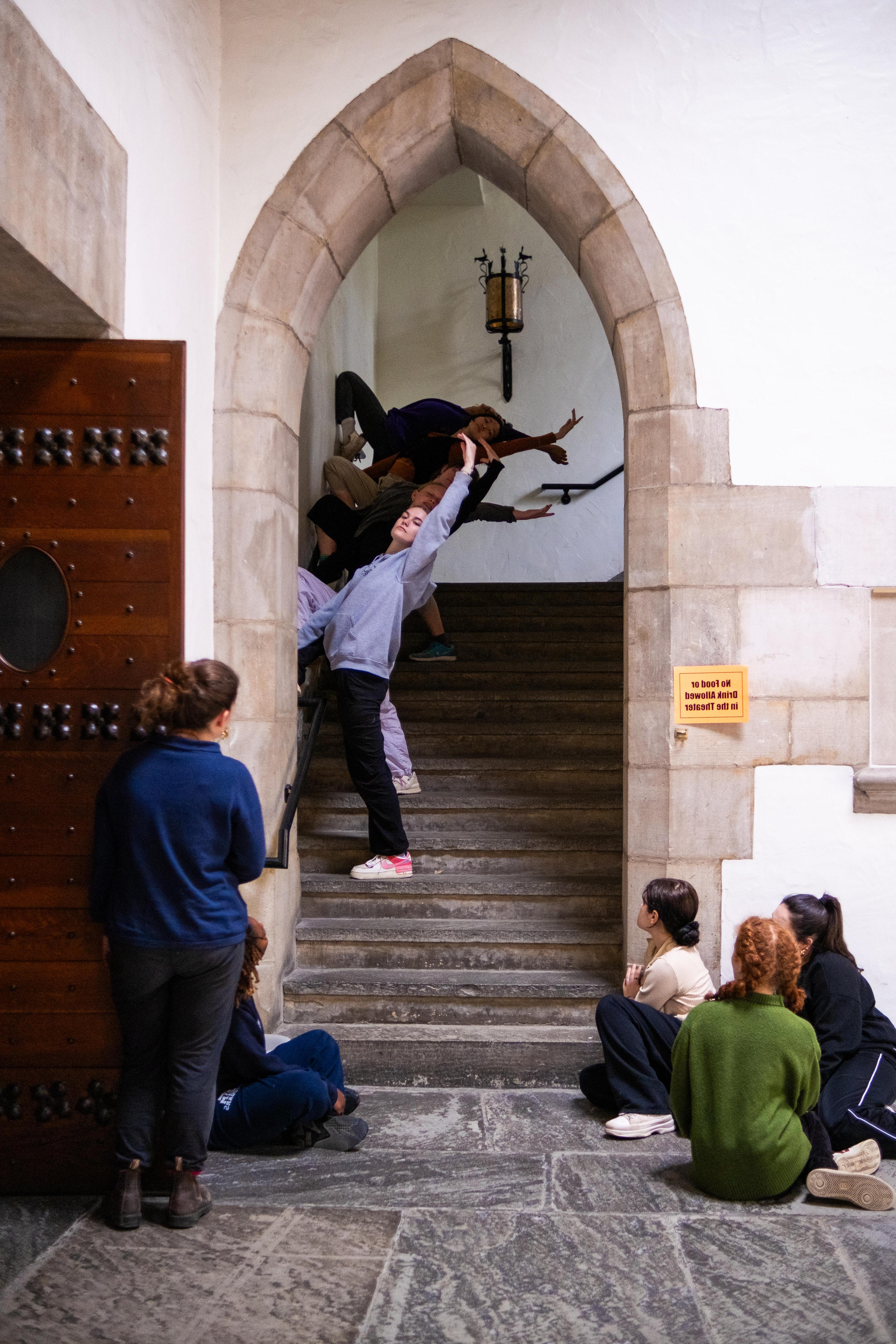 The Dancers of Liminal Lobby rehearse in Goodhart Hall.